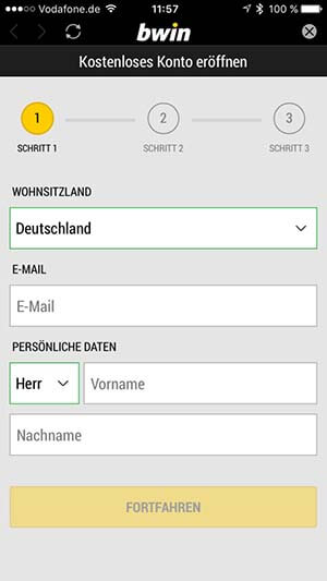 bwin App Registrierung
